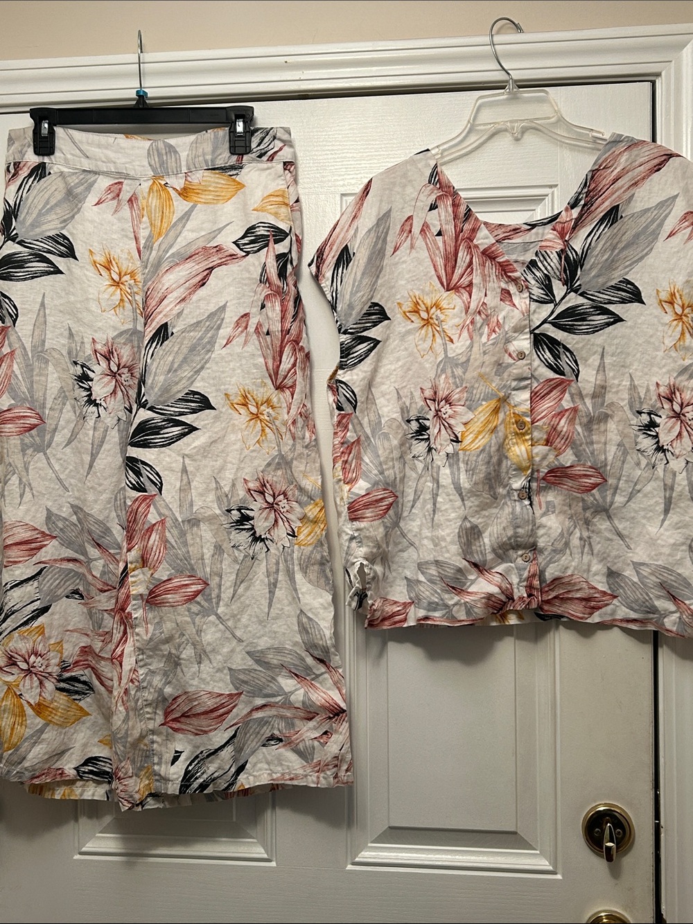 C.C Floral Print Scarf in Black, White & Coral shirt and pant set 100% linen